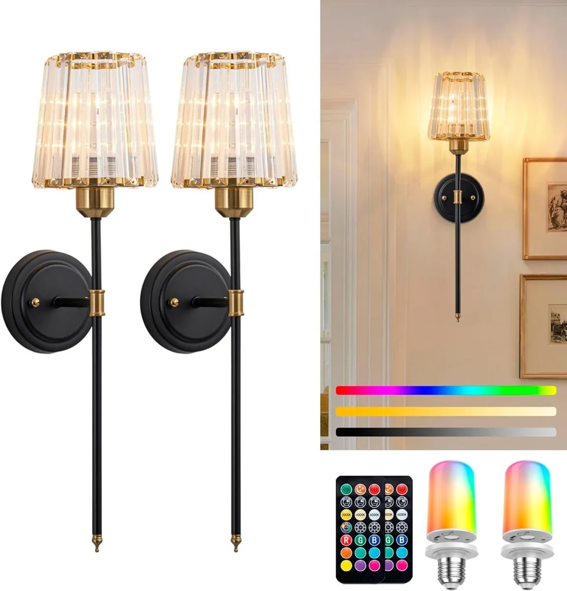 Crystal Rechargeable Wall Sconce Set of Two Black - Image 1