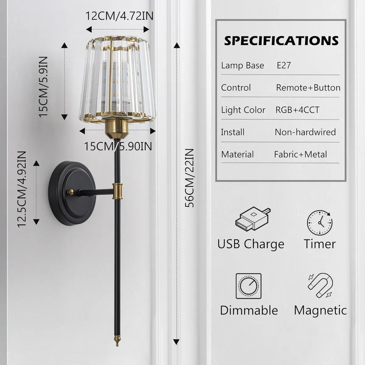 Crystal Rechargeable Wall Sconce Set of Two Black - Image 2