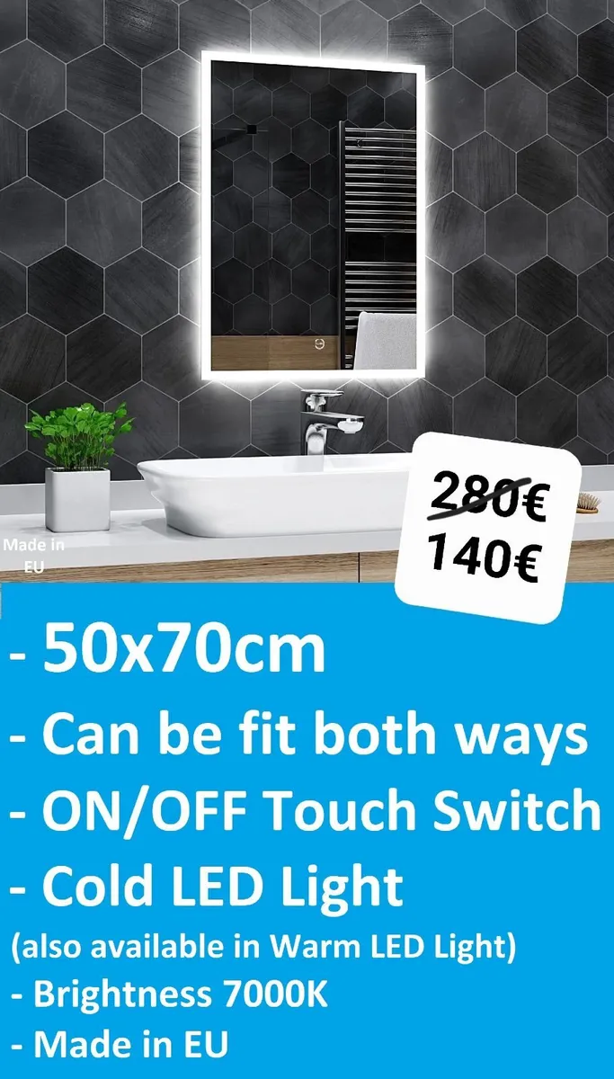 LED Bathroom Mirror 50x70cm Touch Cold Light - Image 1