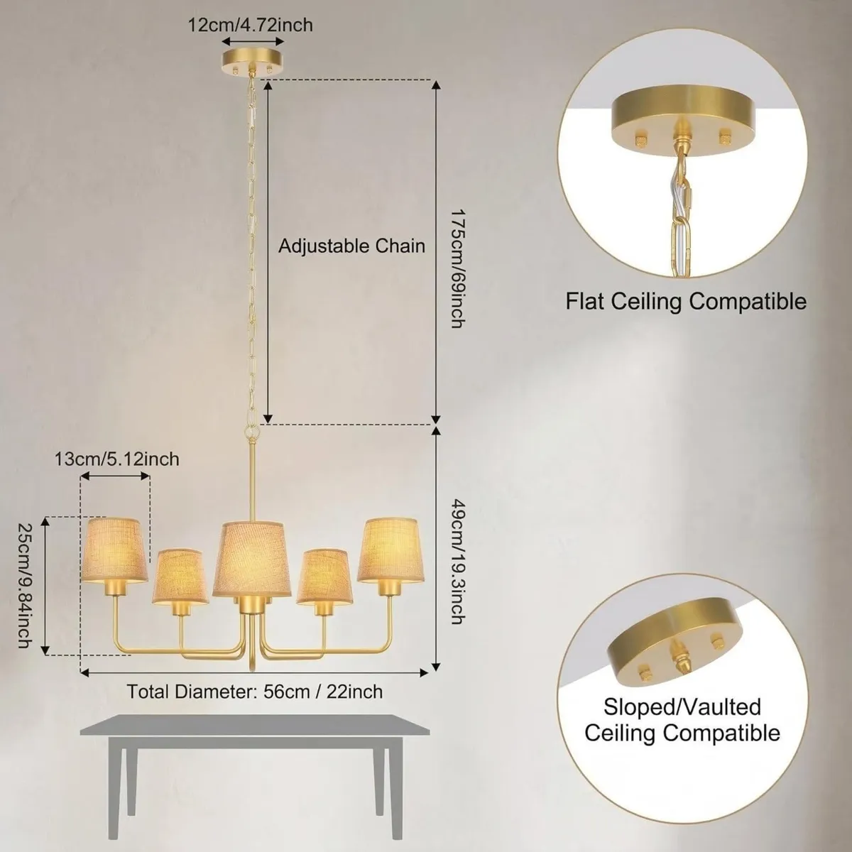 Gold Chandelier Lighting Living Room 5 Lights - Image 2