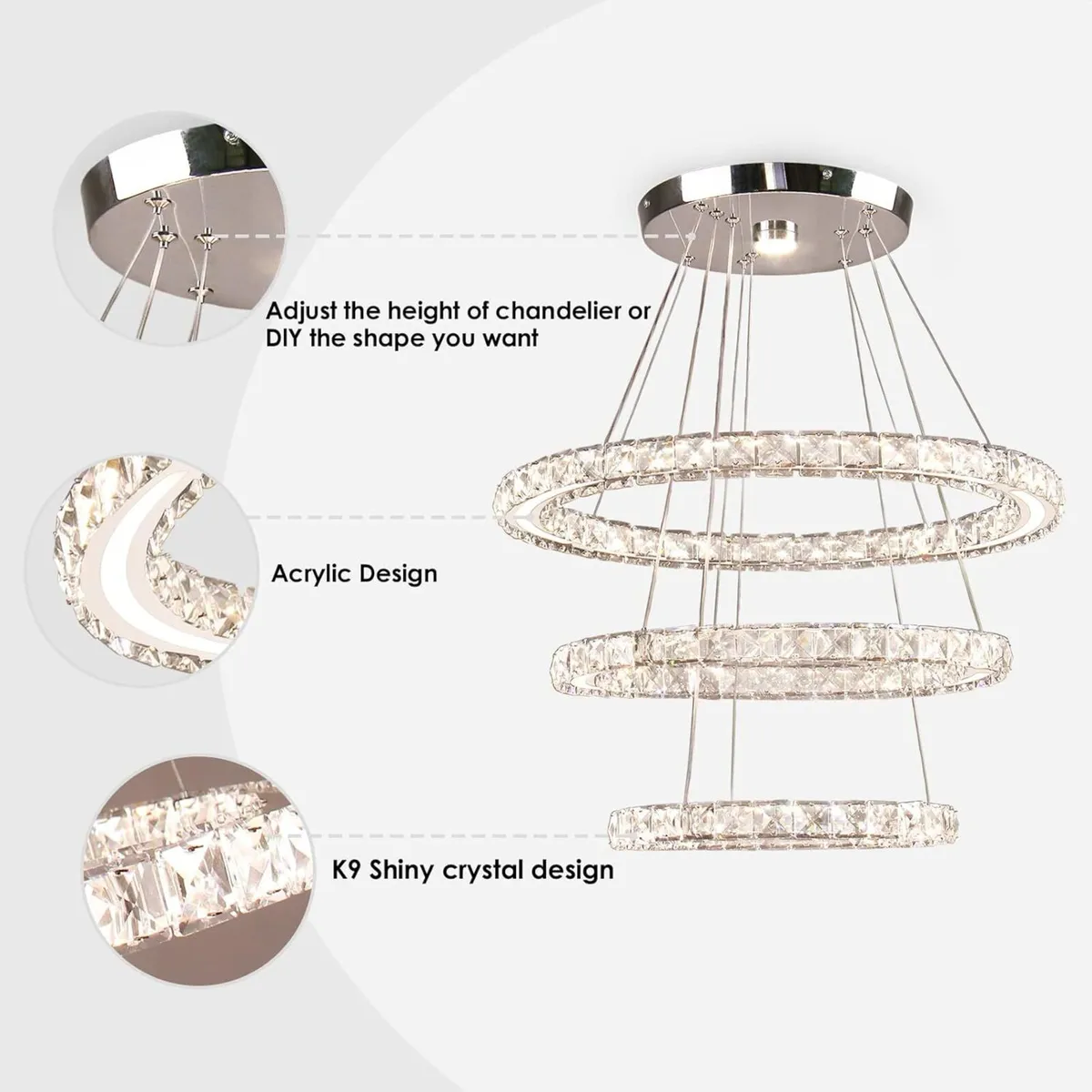 Modern 3 Rings LED Crystal Ceiling Light 3-Colour - Image 3