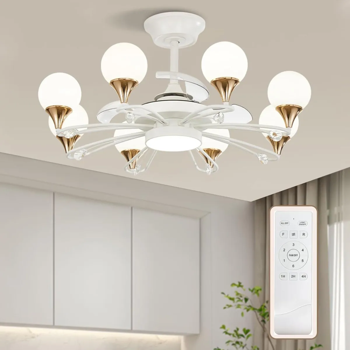 White Chandelier with Fan Modern: 8 Lights Milky - Image 1