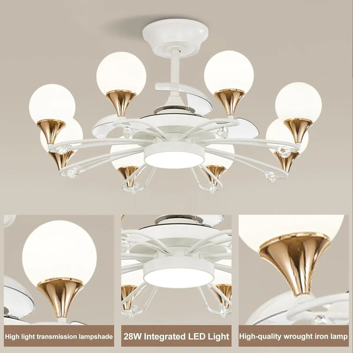 White Chandelier with Fan Modern: 8 Lights Milky - Image 3