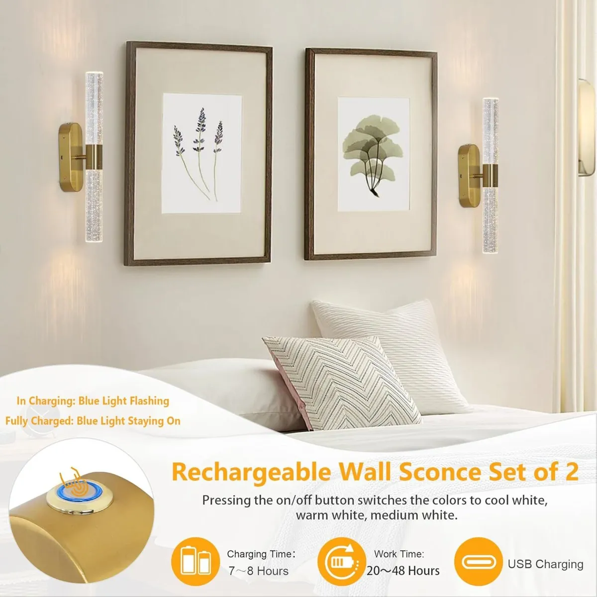 Rechargeable Wall Lights Set of 2 Battery - Image 3