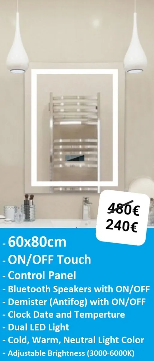 LED Bathroom Mirror Bluetooth Speakers Antifog - Image 1