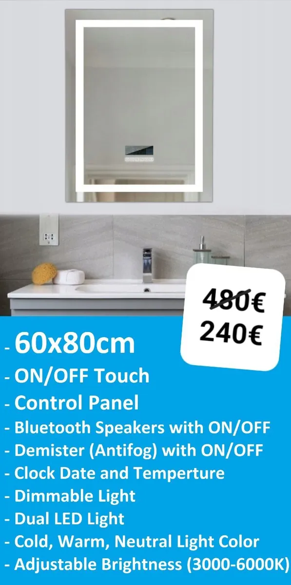 LED Bathroom Mirror 60x80cm Demister Bluettoth - Image 2