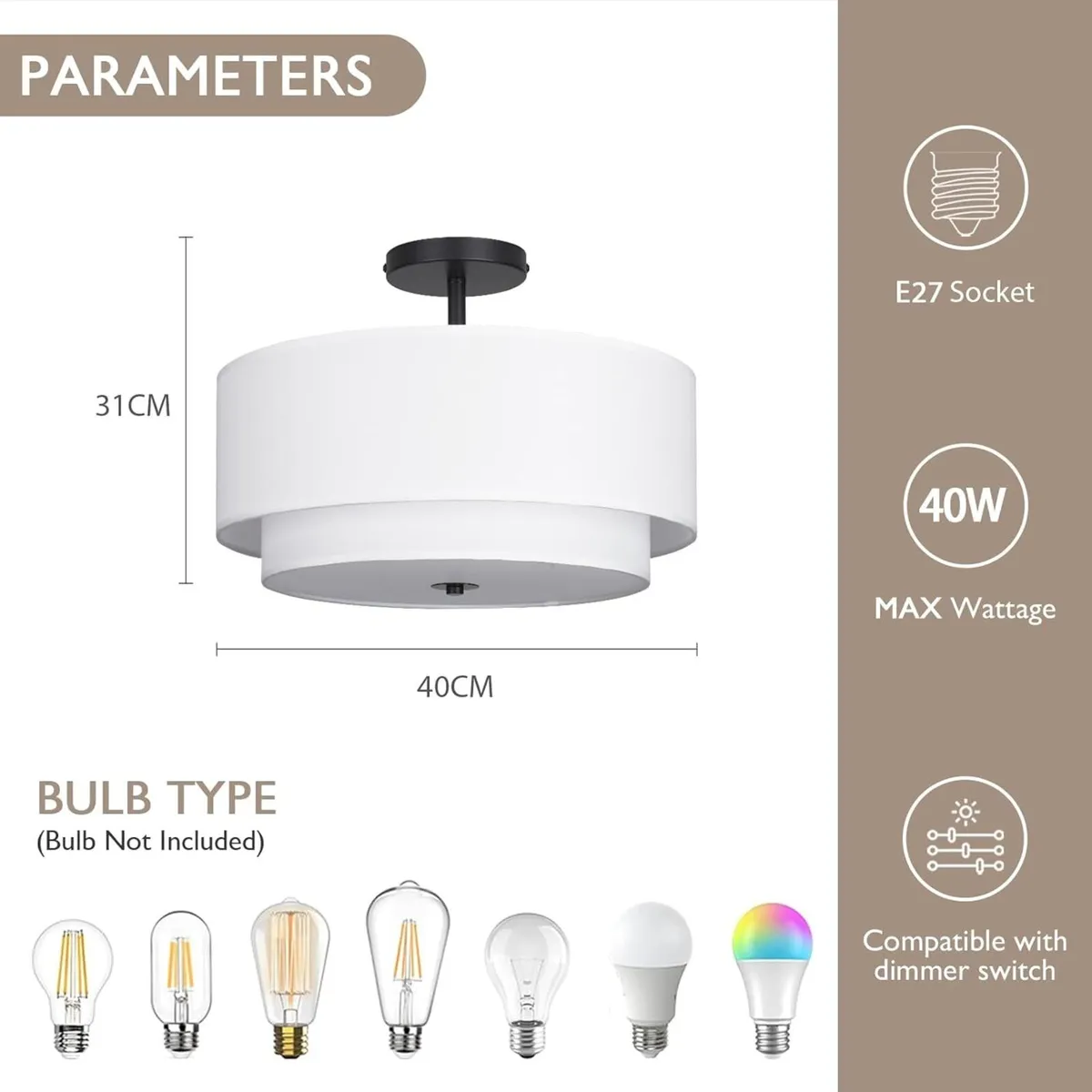 Dual Drum 3-Light Semi Flush Mount Ceiling Light - Image 2