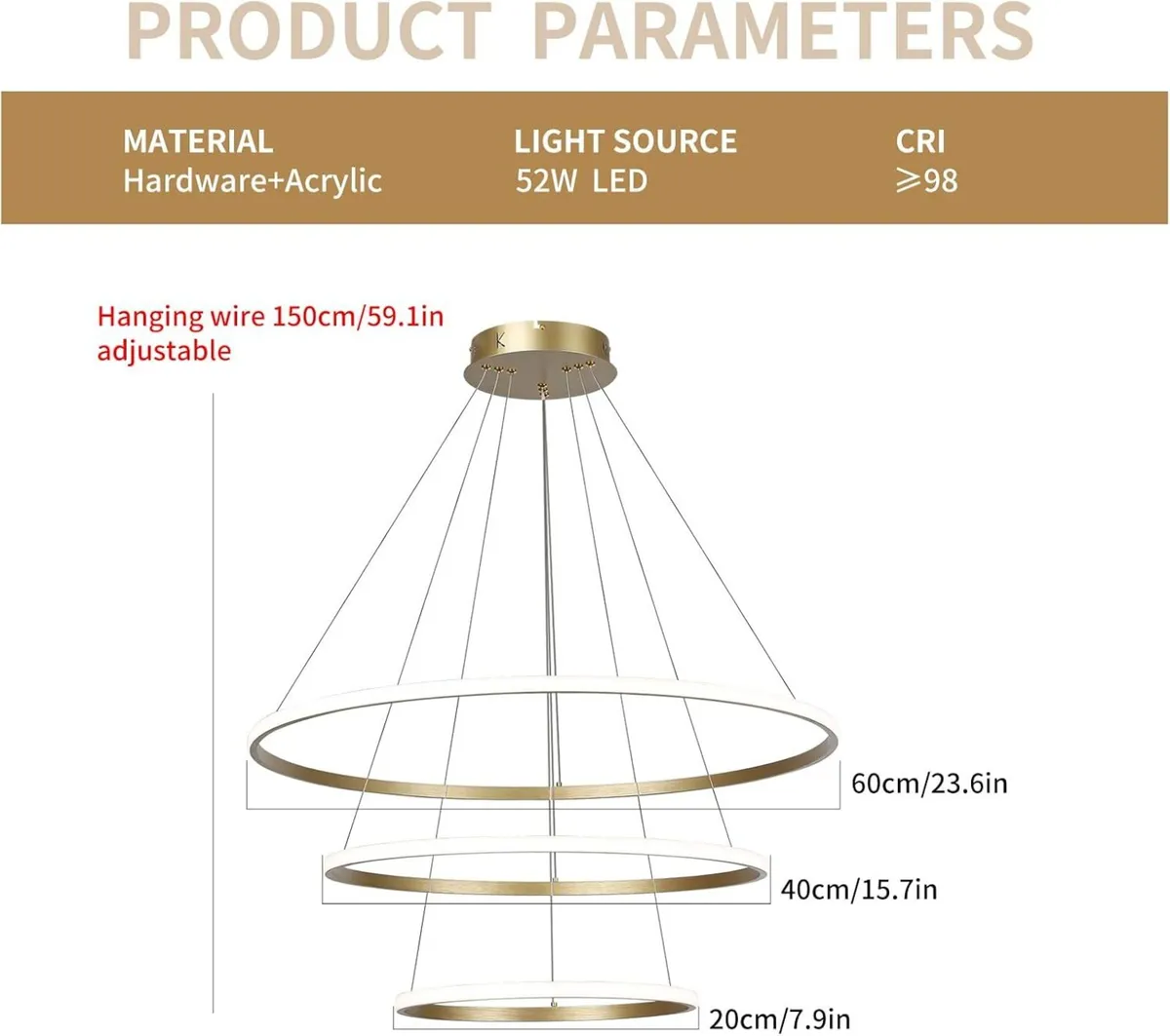 Led Pendant Light Dimmable 3 Ring Acrylic - Image 2