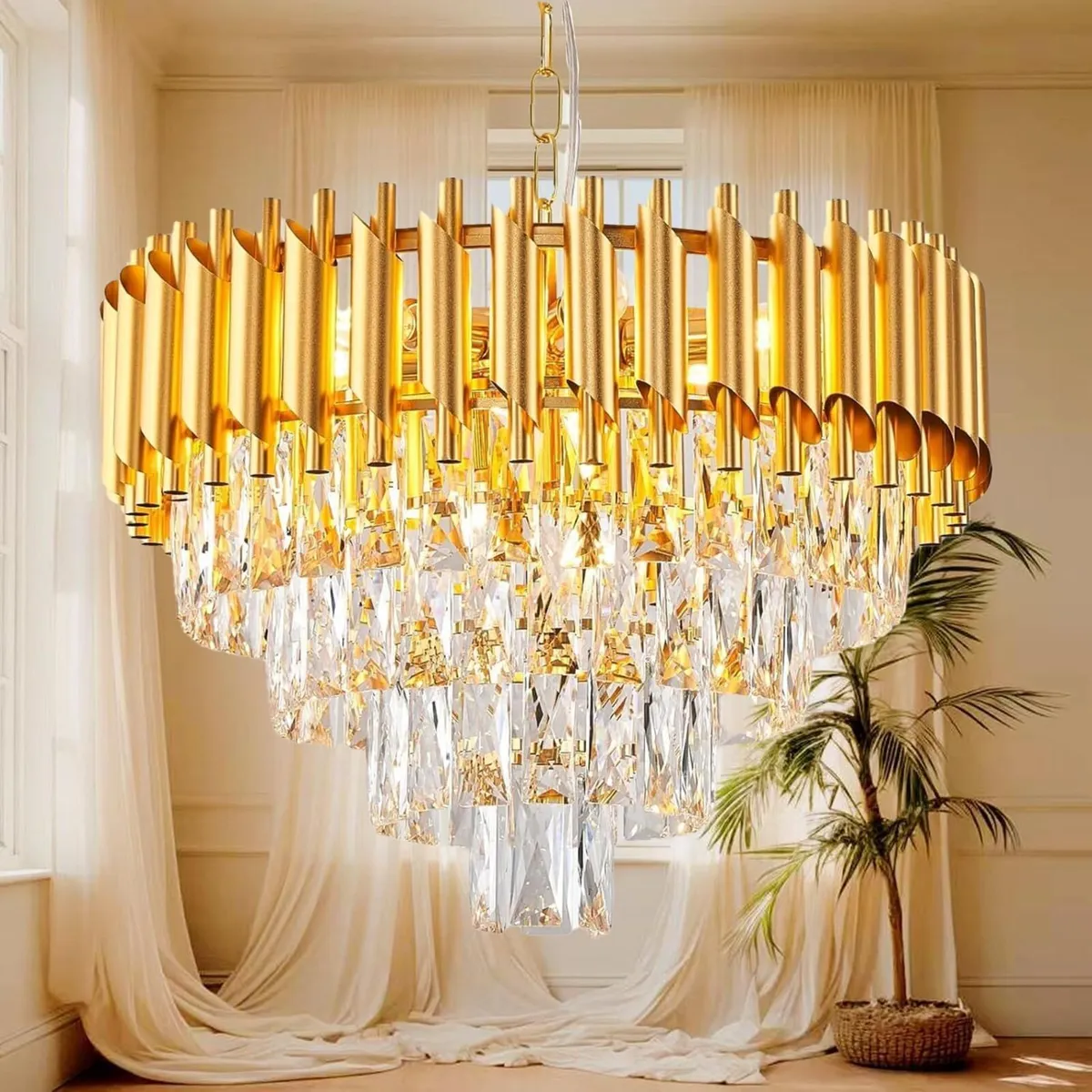 Gold Modern Crystal Chandeliers 4-Tier K9 Round - Image 1