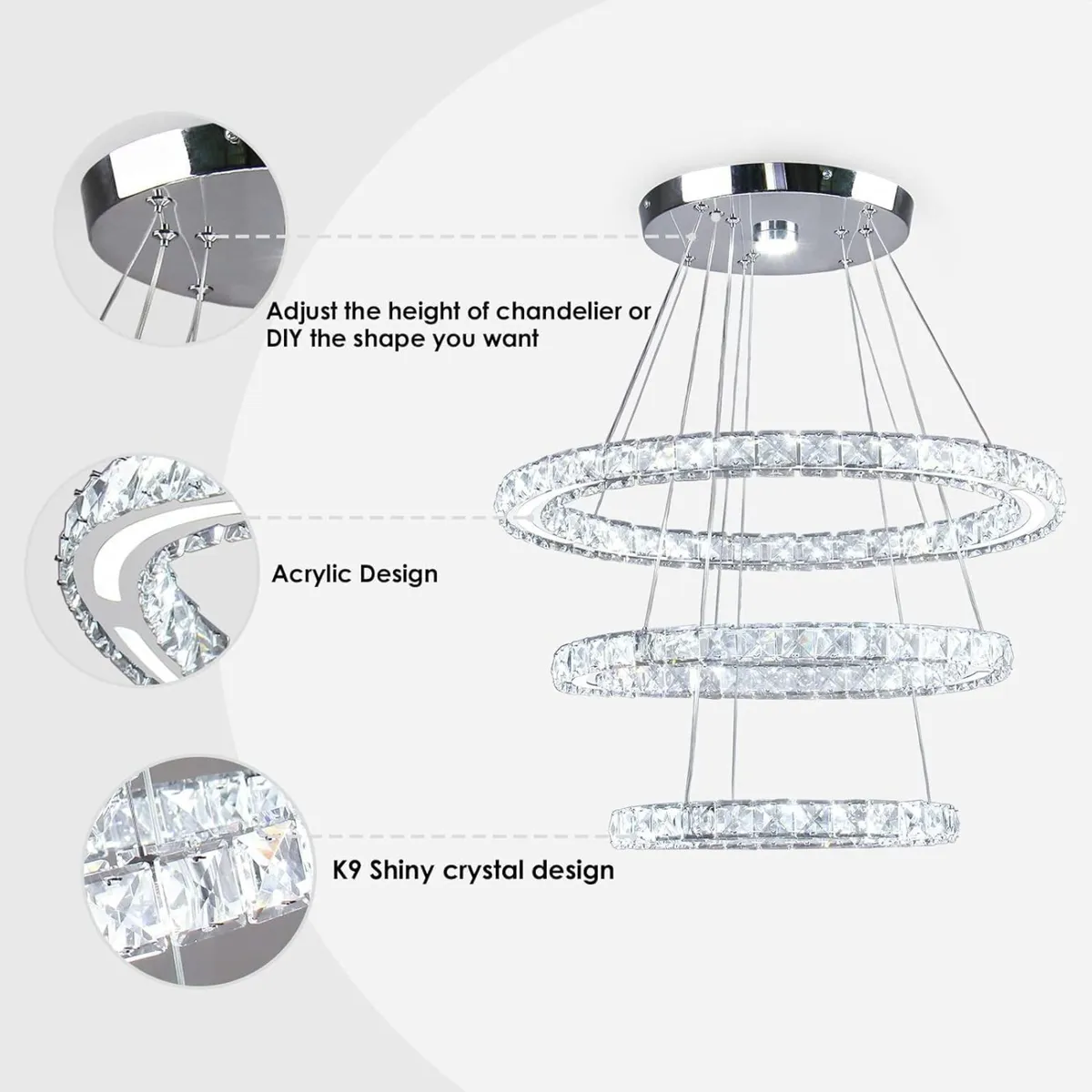 Modern 3 Ring LED Crystal Chandelier Pendant - Image 3