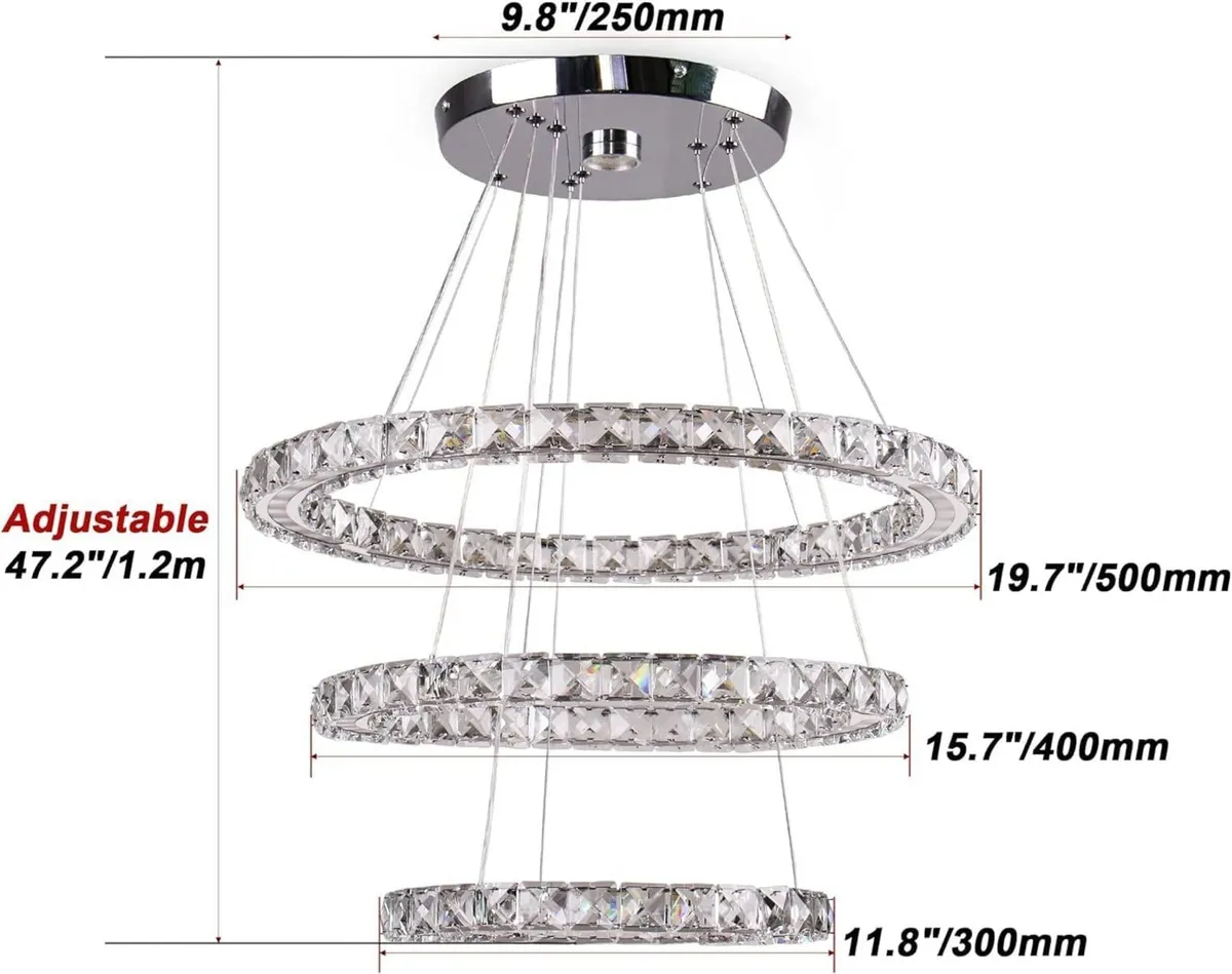 Modern 3 Ring LED Crystal Chandelier Pendant - Image 2