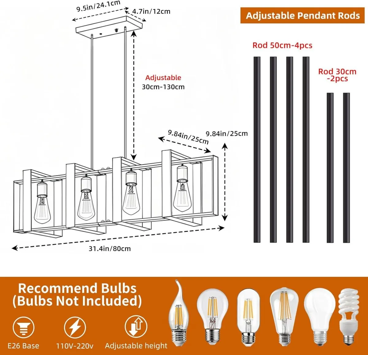 Farmhouse Pendant Light 4 Black Metal Industrial - Image 2