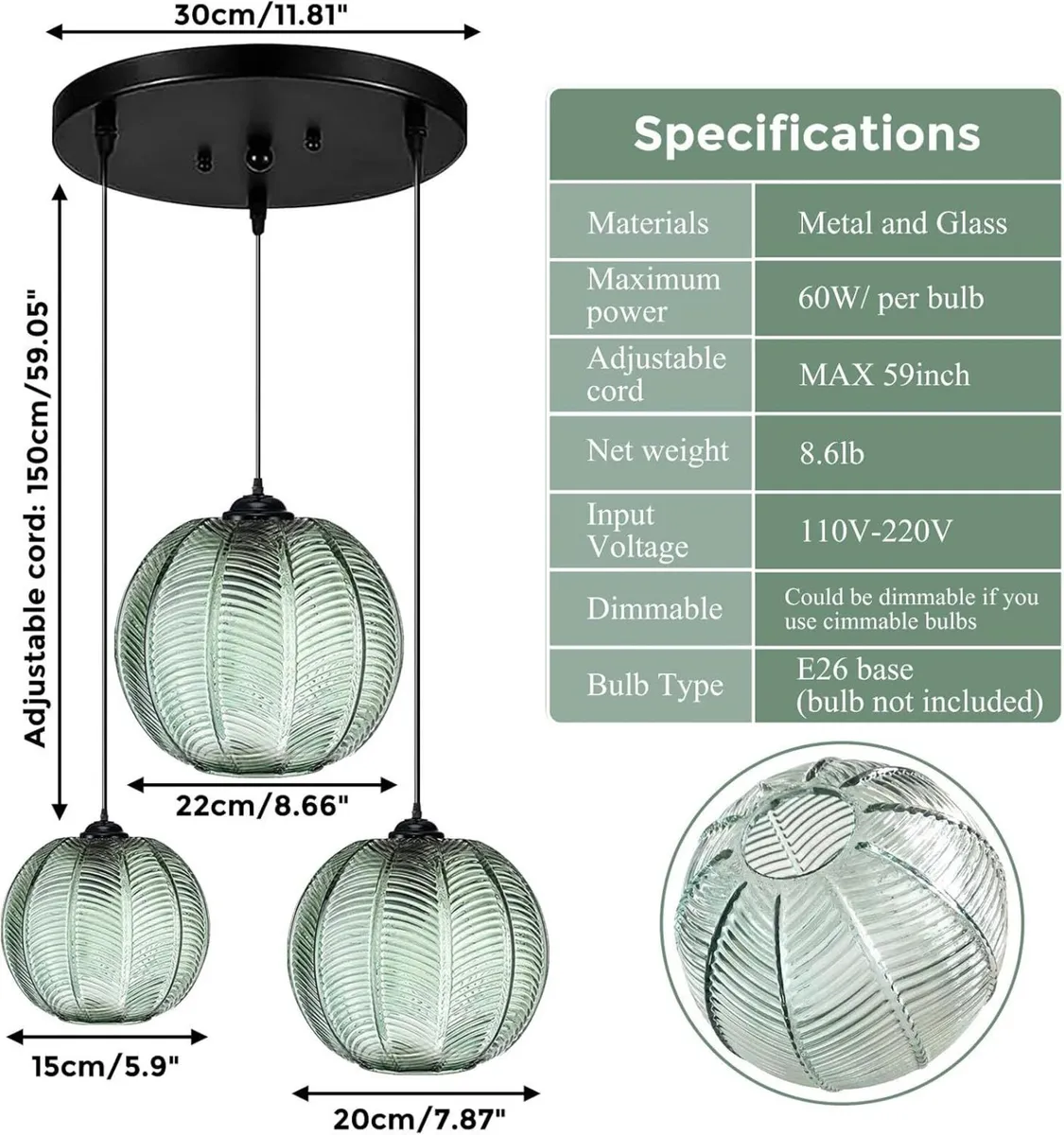 3 in 1 Large Glass Pendant Light Fixtures Green - Image 3