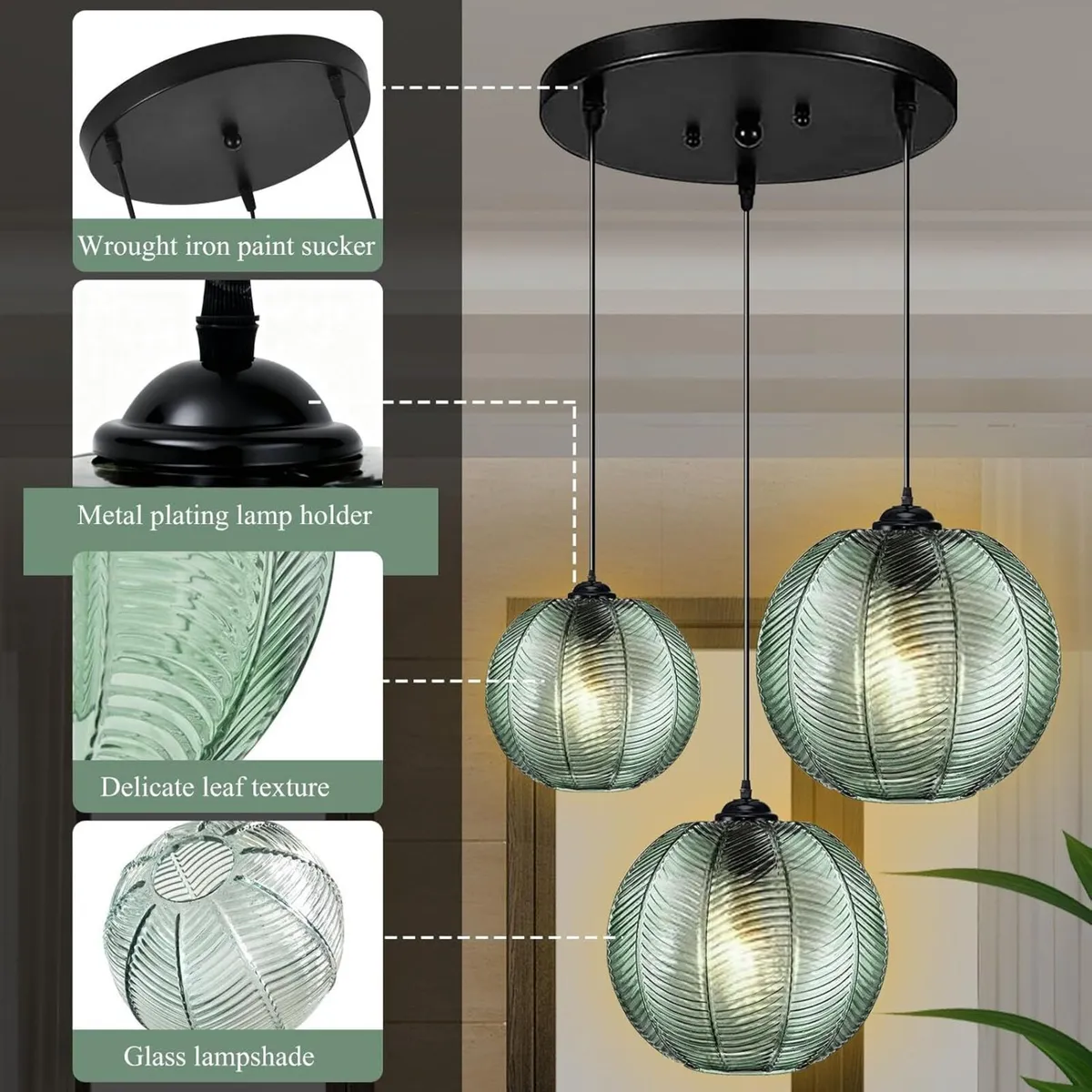 3 in 1 Large Glass Pendant Light Fixtures Green - Image 4