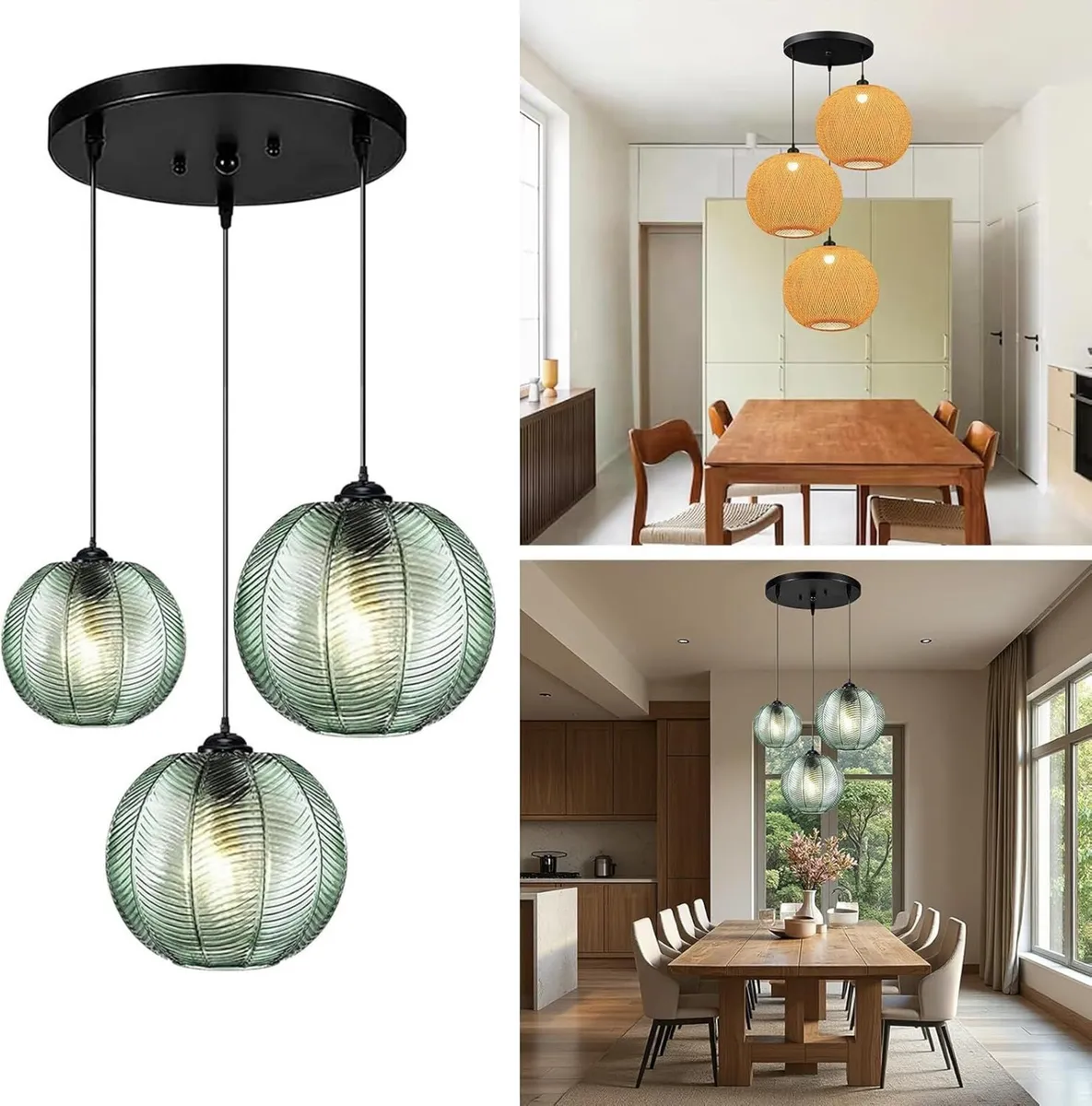 3 in 1 Large Glass Pendant Light Fixtures Green - Image 1