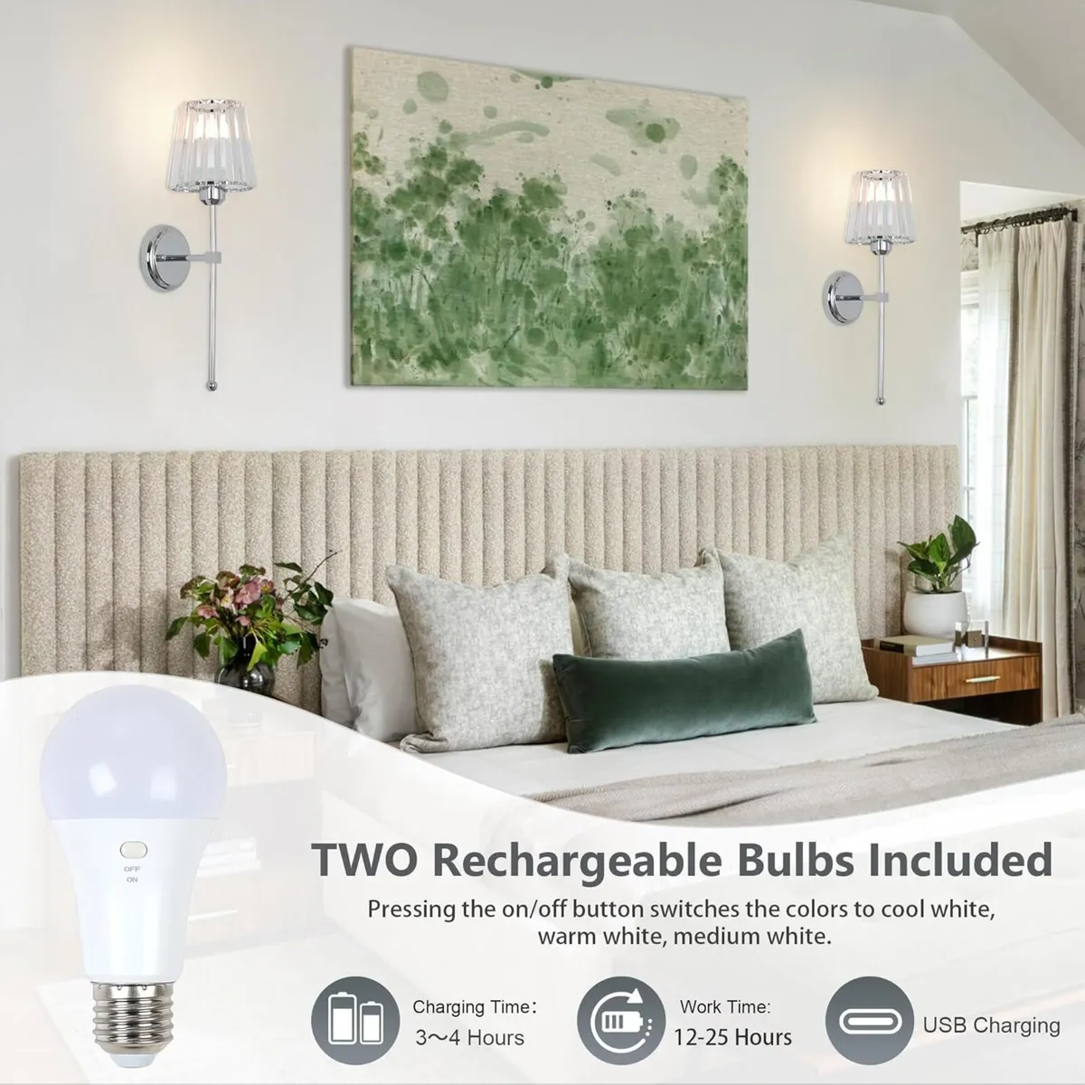 Battery Operated Wall Lights Set of 2 Rechargeable - Image 3