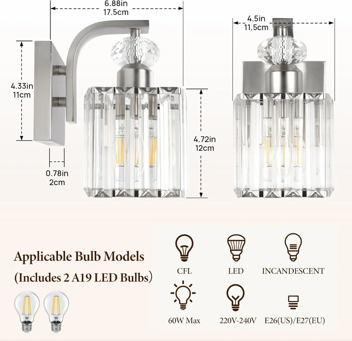 Wall Sconces Set of 2 Nickel Sconce with Crystal - Image 3