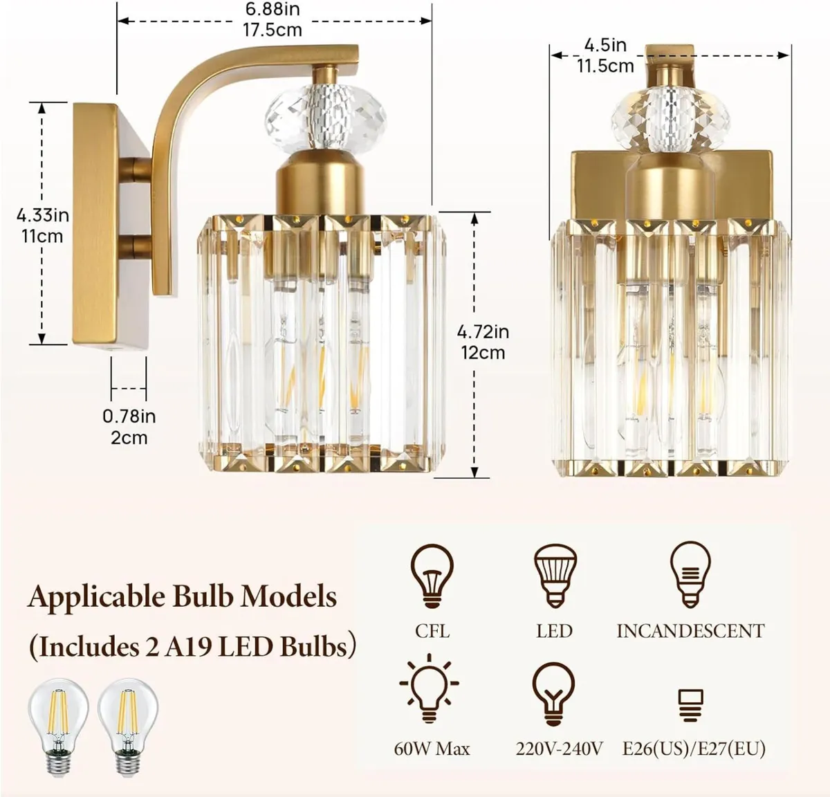Wall Sconces Set of 2 Gold Sconce with Crystal - Image 3