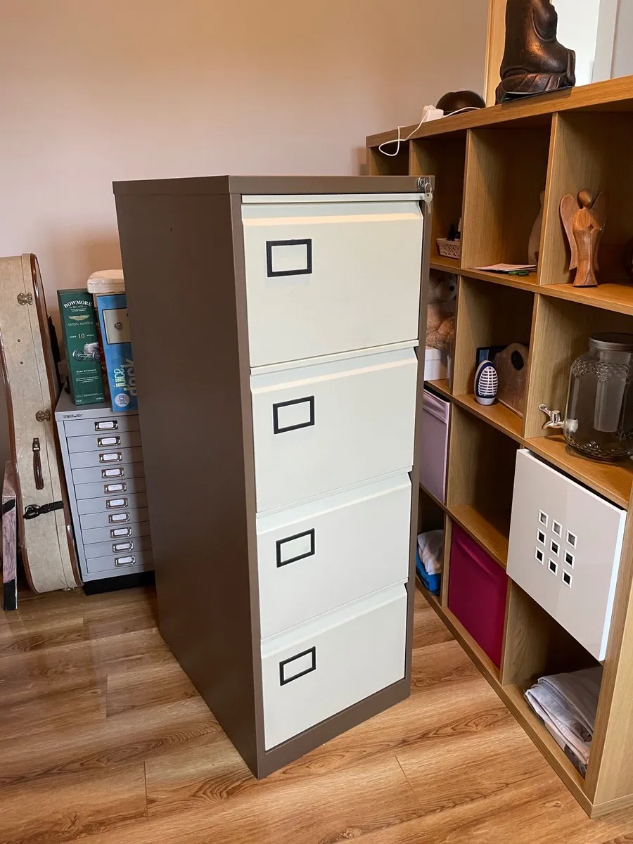 Filing Cabinet, 2 seater leather couch & massage t - Image 1