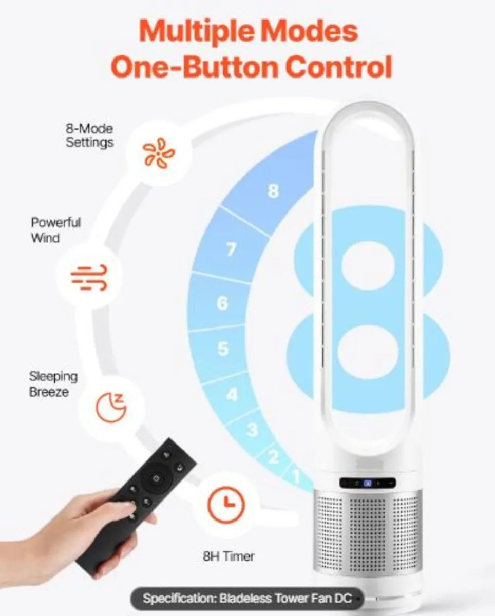 Tower Fan Bladeless, 15.4ft/s Velocity Floor Fan - Image 4