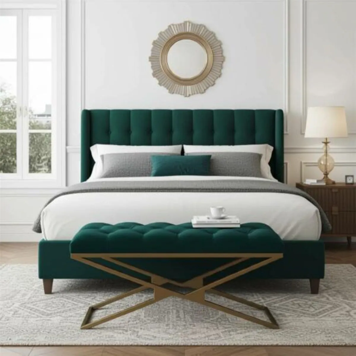 Luxurious Green Velvet Bench with Gold Metal Frame - Image 1