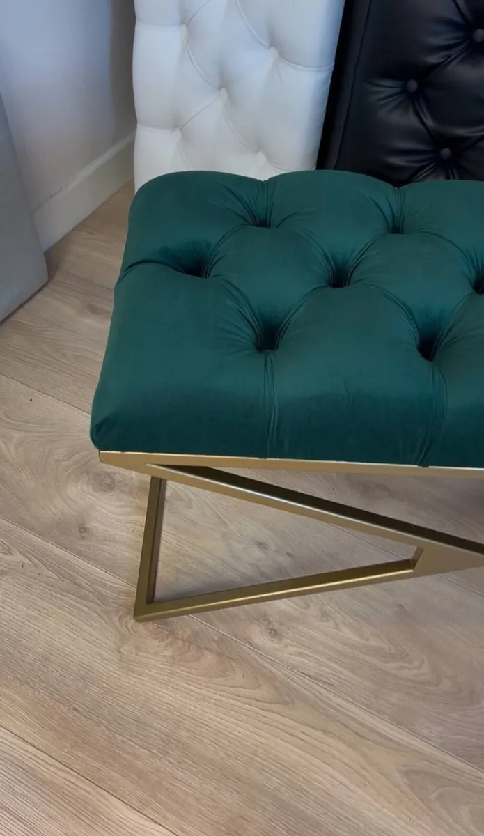 Luxurious Green Velvet Bench with Gold Metal Frame - Image 2