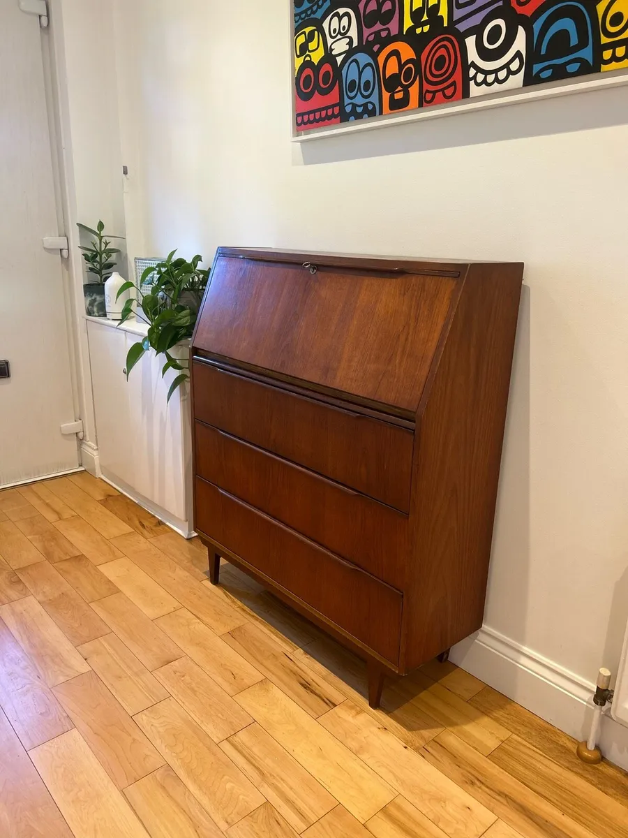 Mid century teak writing bureau desk storage - Image 1