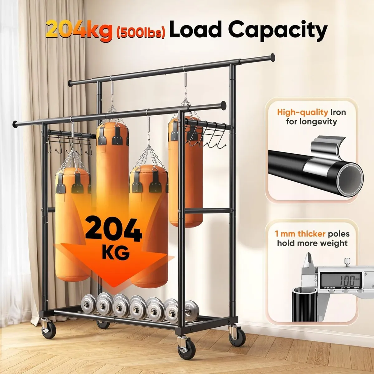 Double Rod Clothes Rail Heavy Duty 204kg (450lbs) - Image 3