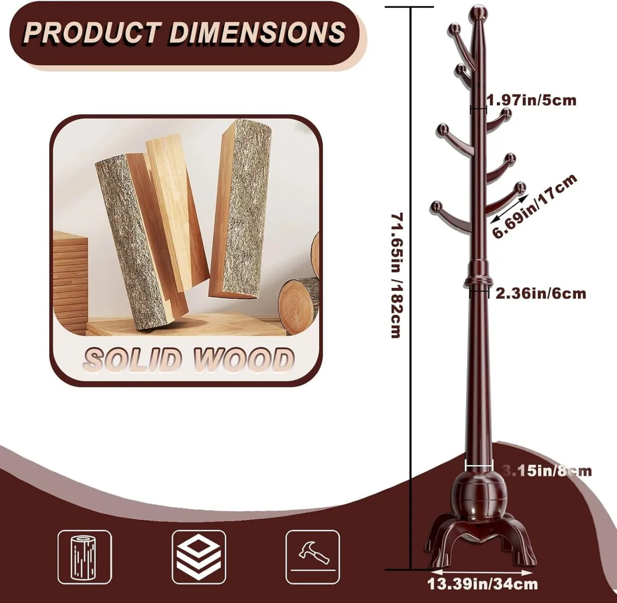 Wooden Coat Rack Stand with 8 Hooks Free Standing - Image 2