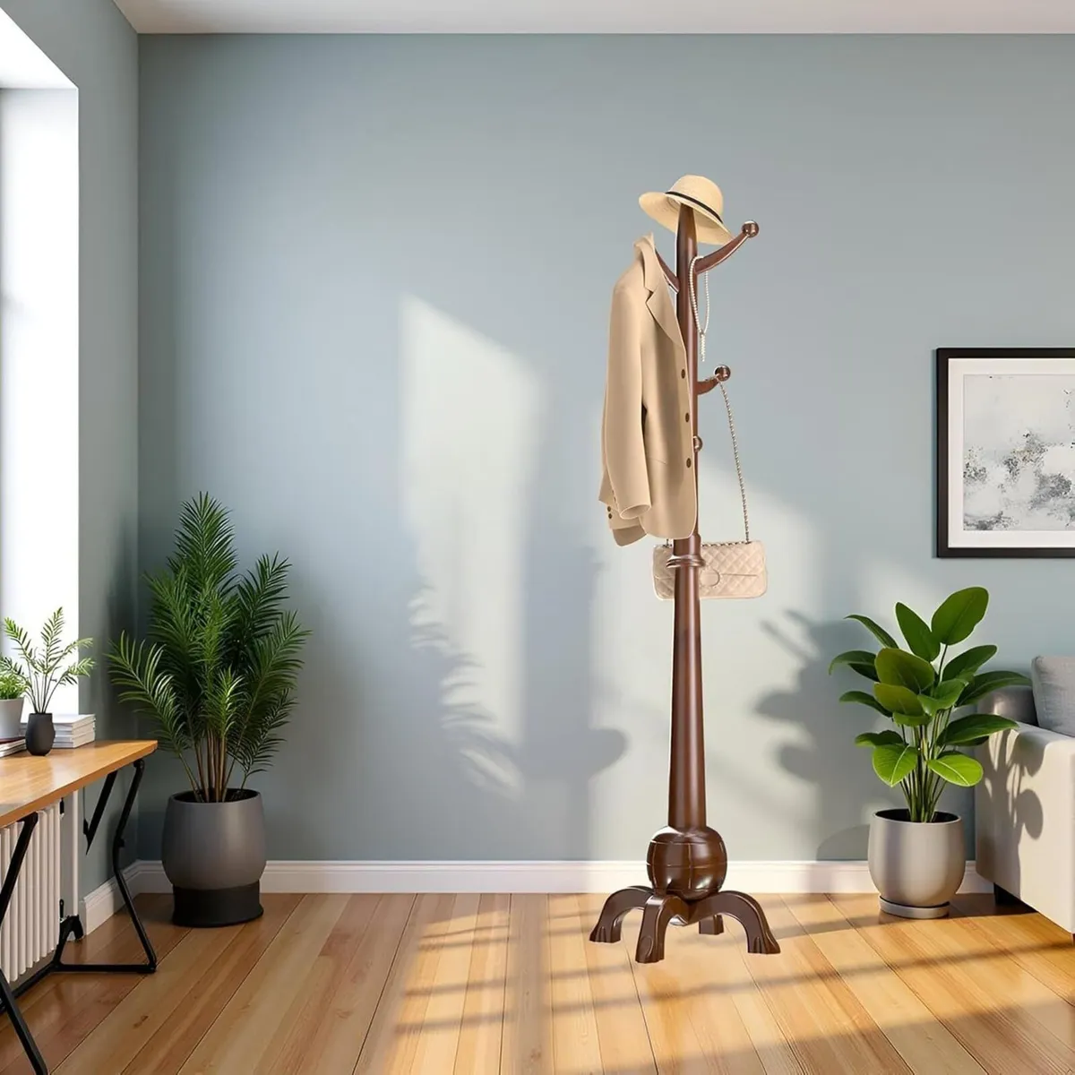 Wooden Coat Rack Stand with 8 Hooks Free Standing - Image 1