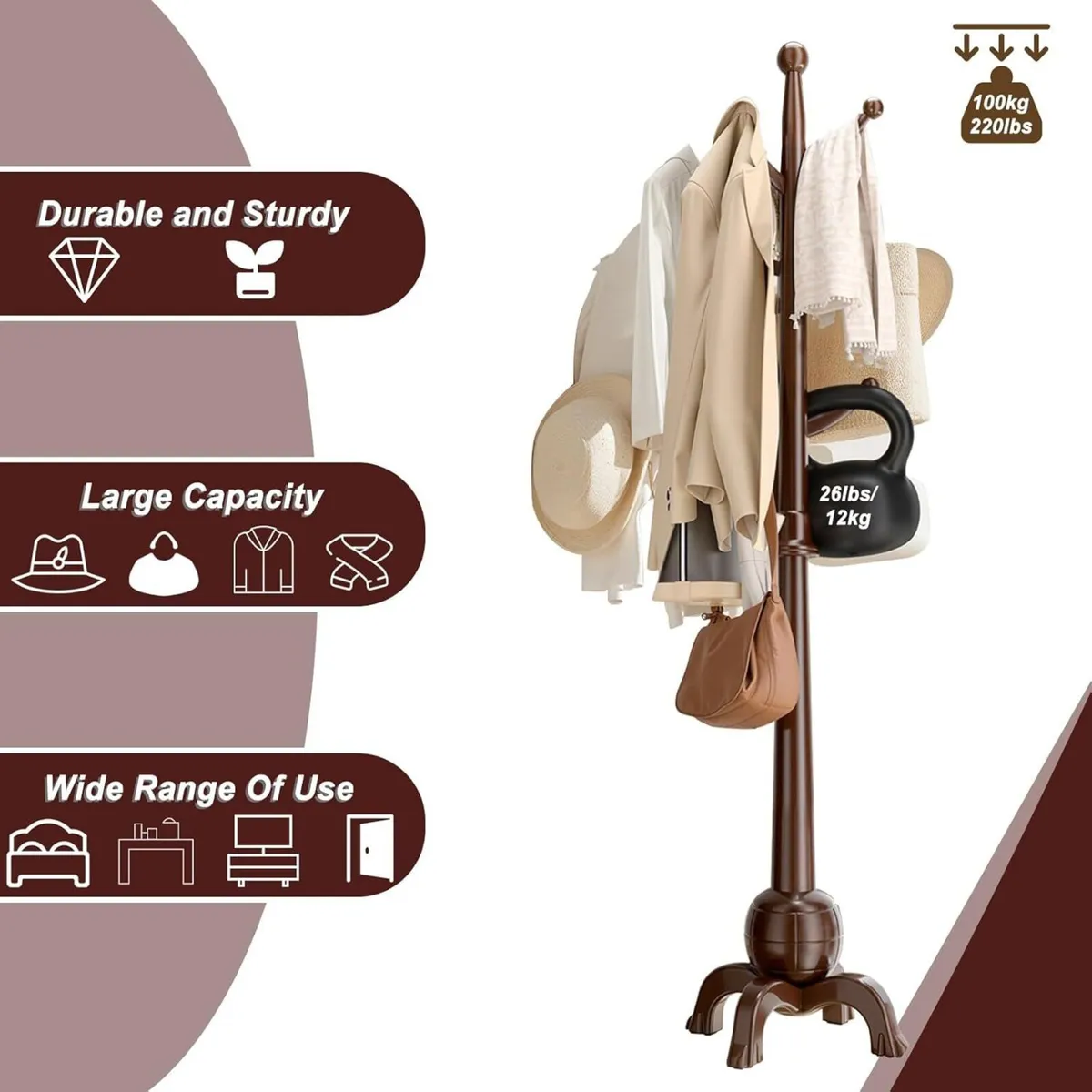 Wooden Coat Rack Stand with 8 Hooks Free Standing - Image 4