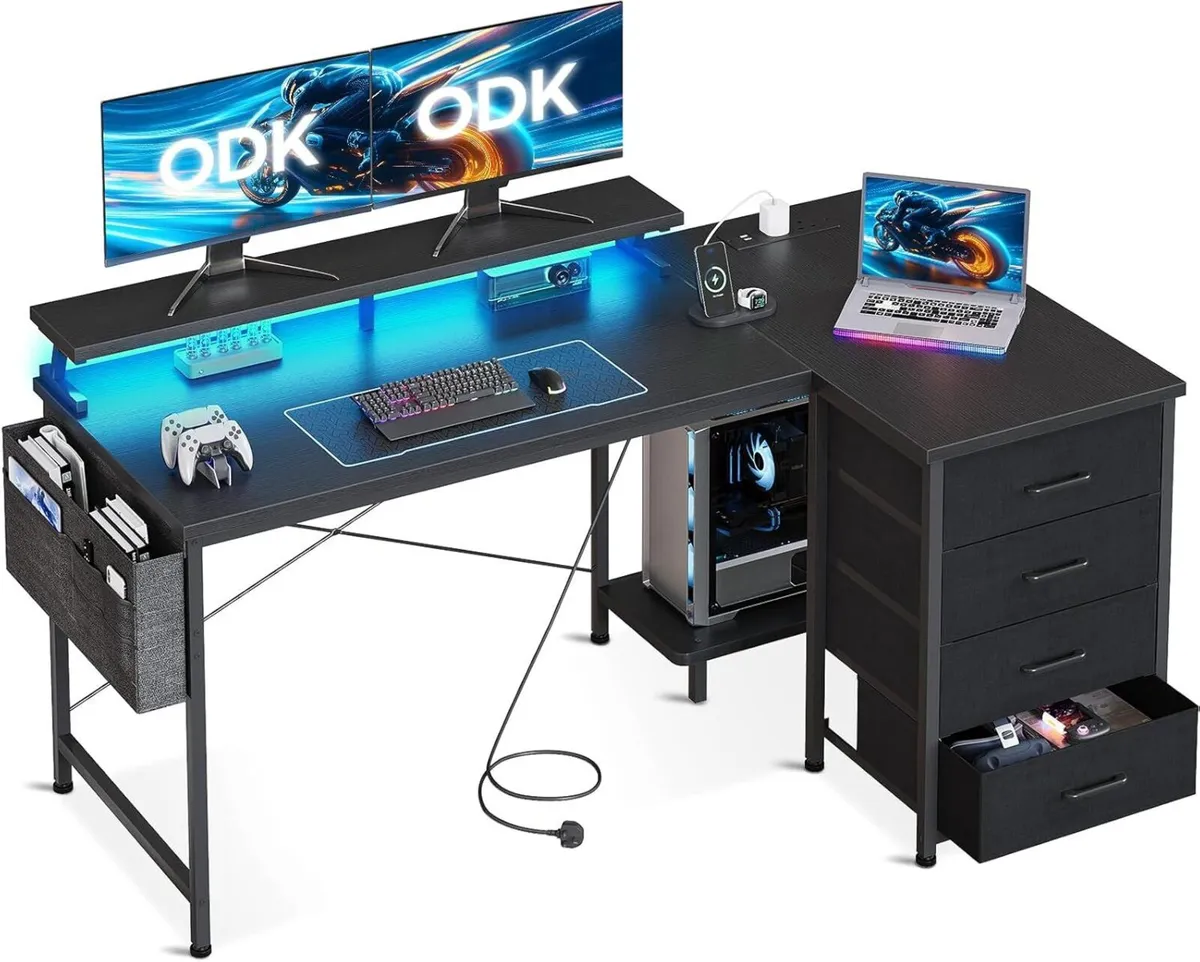 L Shaped Gaming Desk with LED Lights Power - Image 1