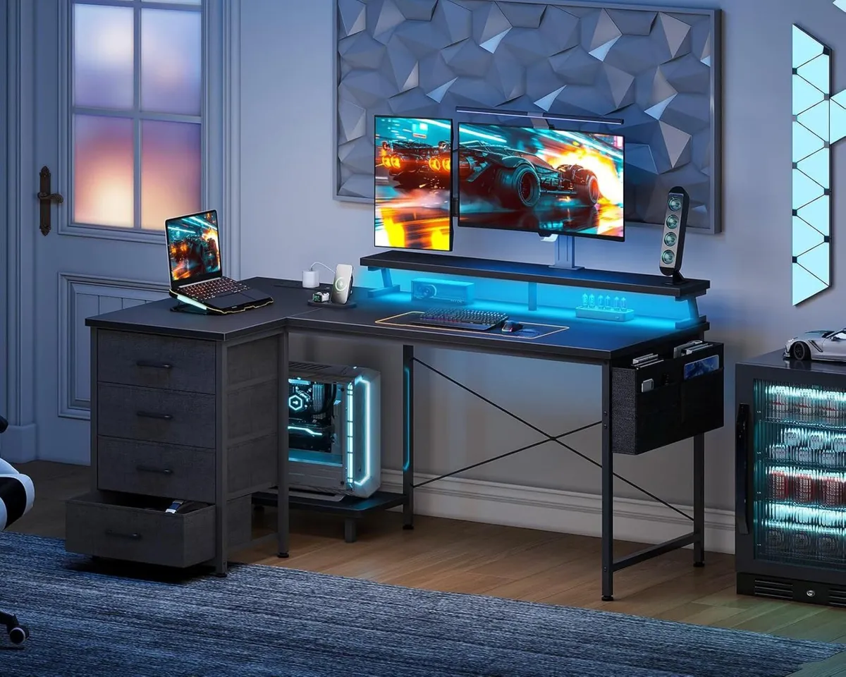 L Shaped Gaming Desk with LED Lights Power - Image 2