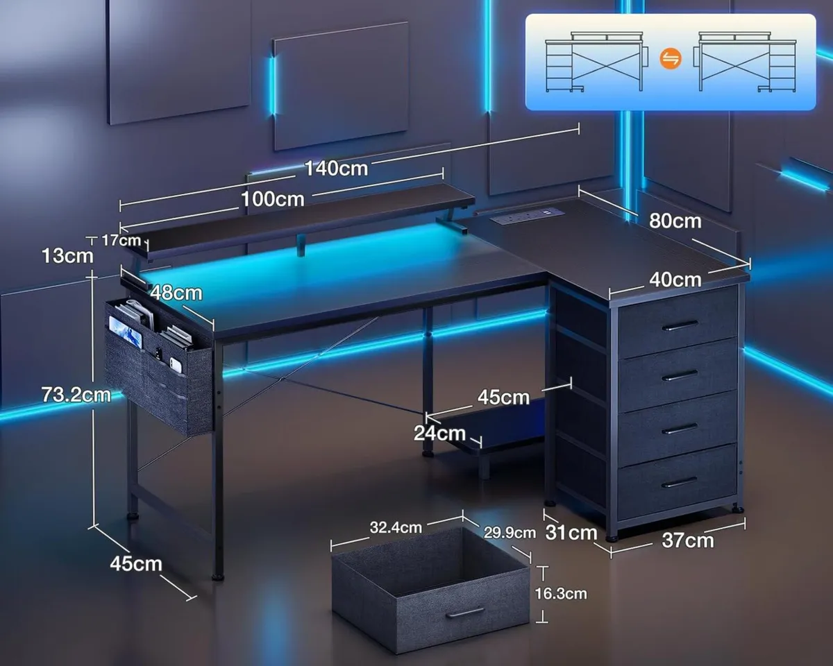 L Shaped Gaming Desk with LED Lights Power - Image 3
