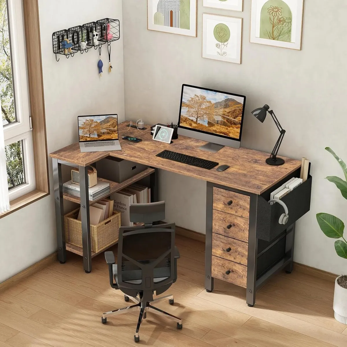 L Shaped Desk with Drawers Storage Shelves 47 - Image 2