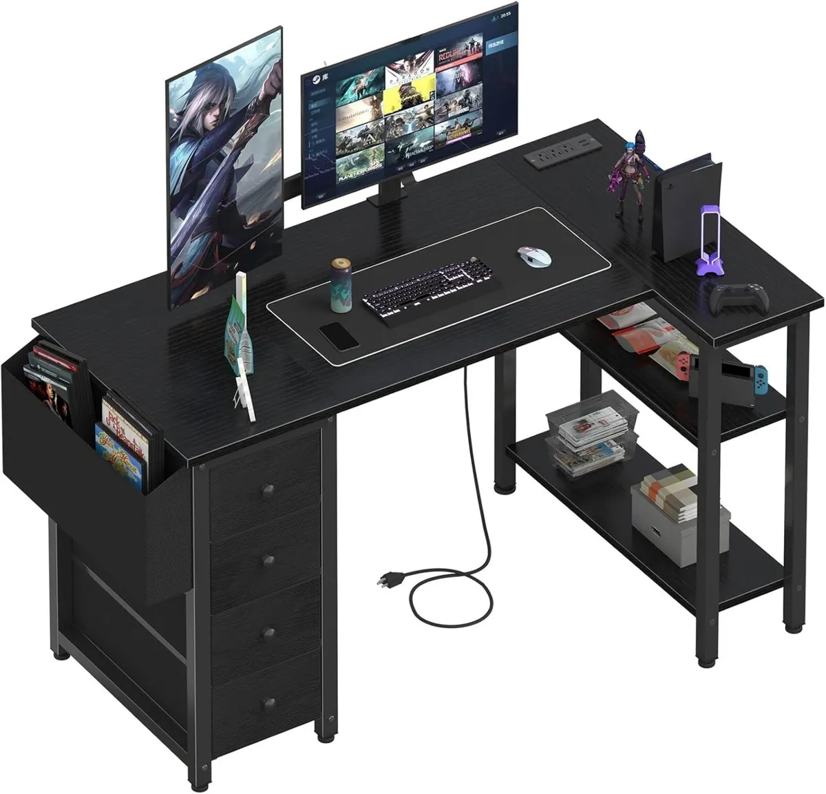 L Shaped Gaming Desk with Drawers Storage Shelves - Image 1