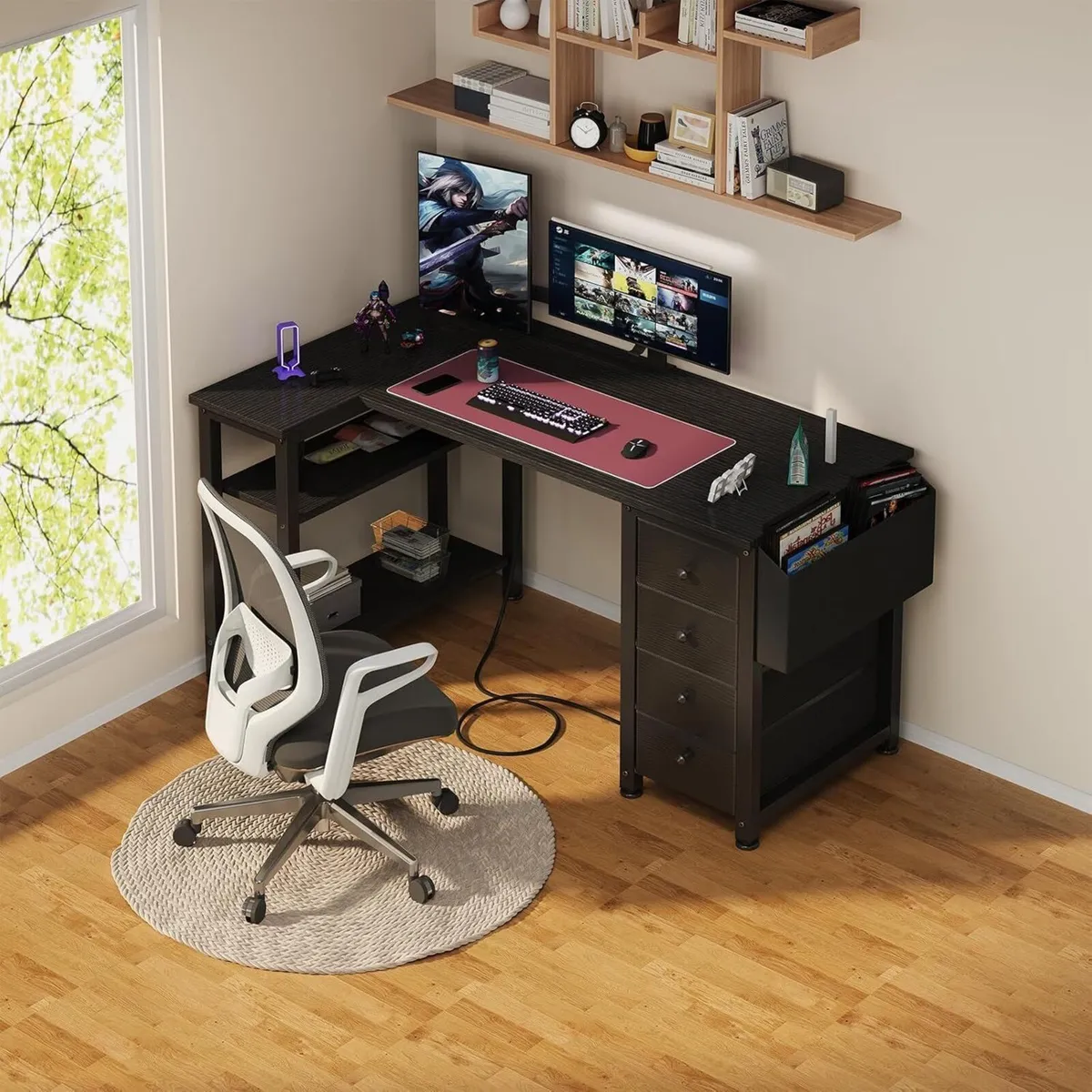 L Shaped Gaming Desk with Drawers Storage Shelves - Image 2