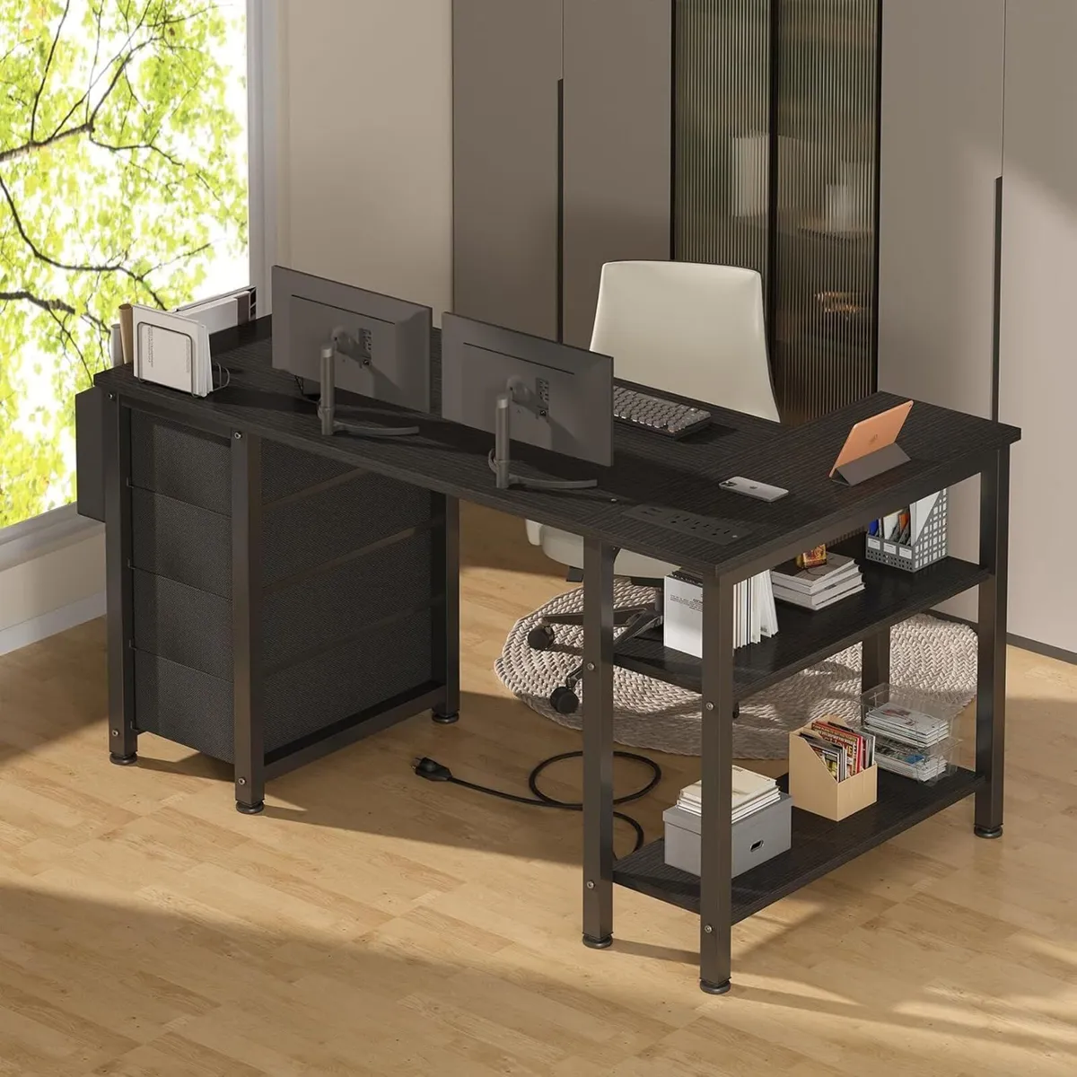L Shaped Gaming Desk with Drawers Storage Shelves - Image 4