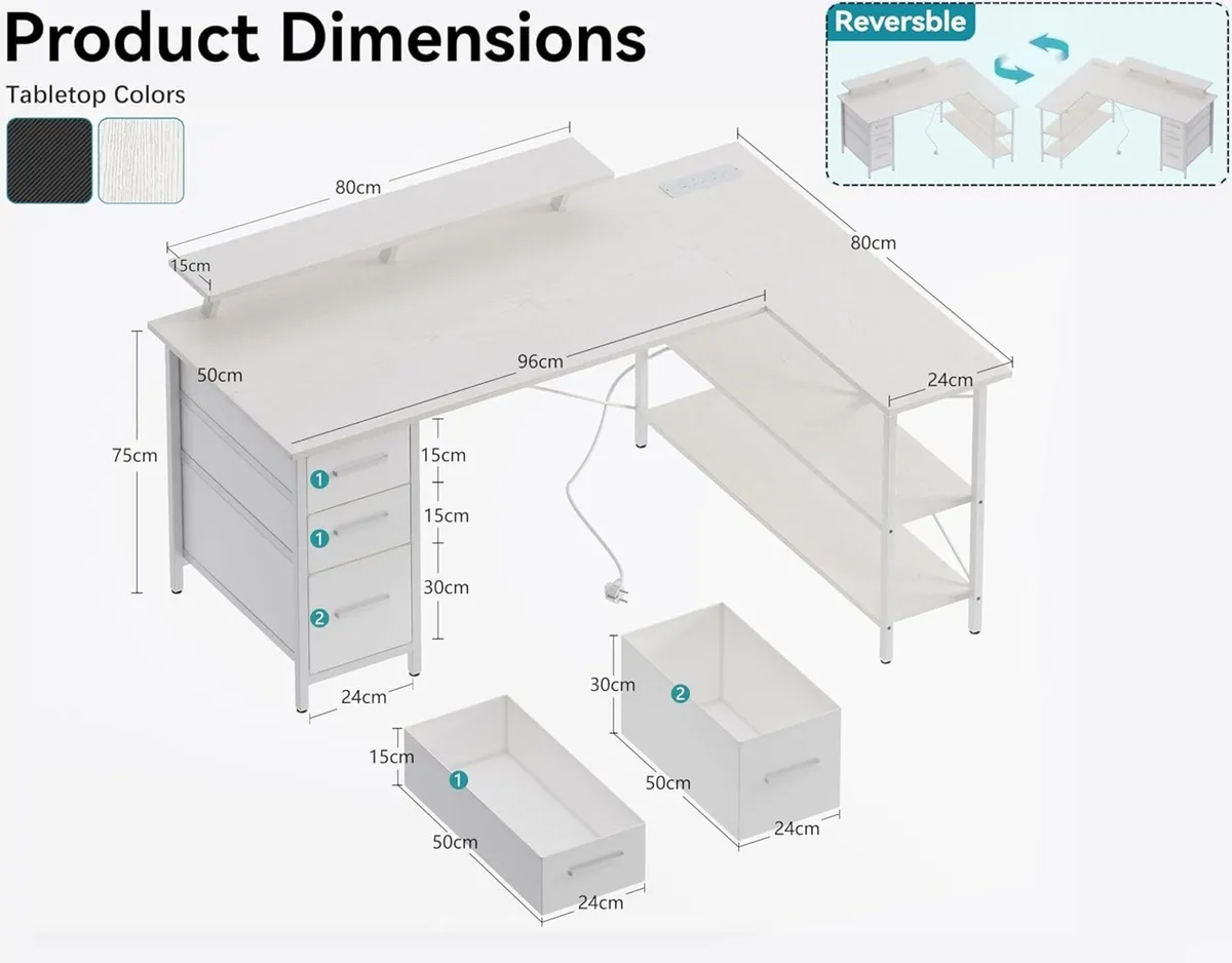 Corner Computer Desk with Drawers Reversible L - Image 3