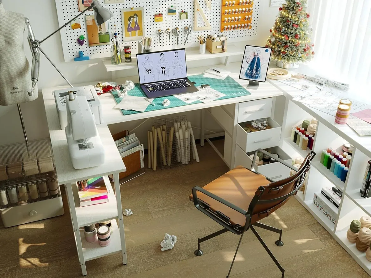 Corner Computer Desk with Drawers Reversible L - Image 4