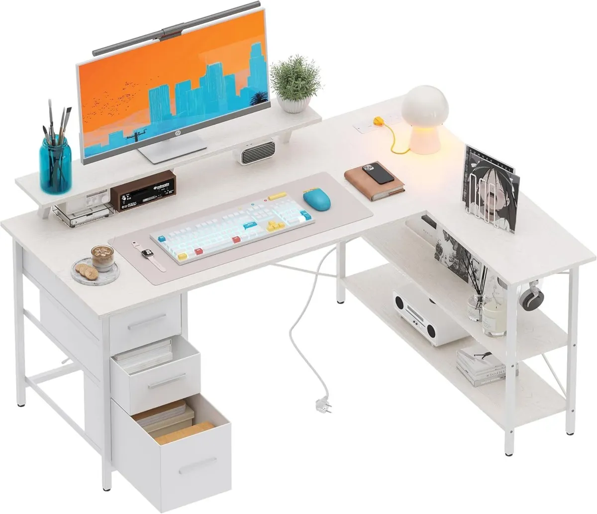 Corner Computer Desk with Drawers Reversible L - Image 1