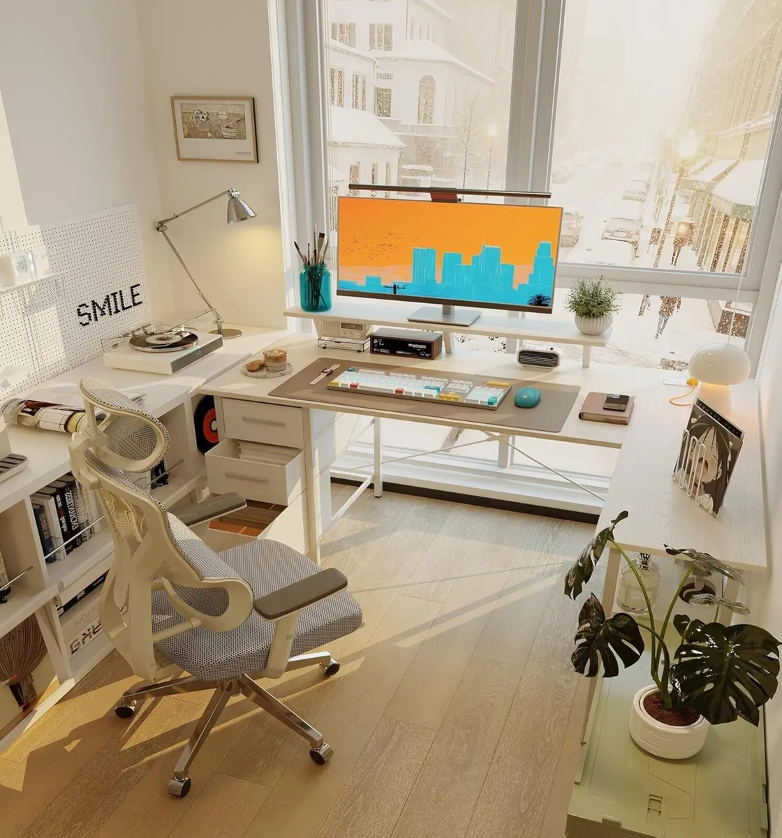 Corner Computer Desk with Drawers Reversible L - Image 2