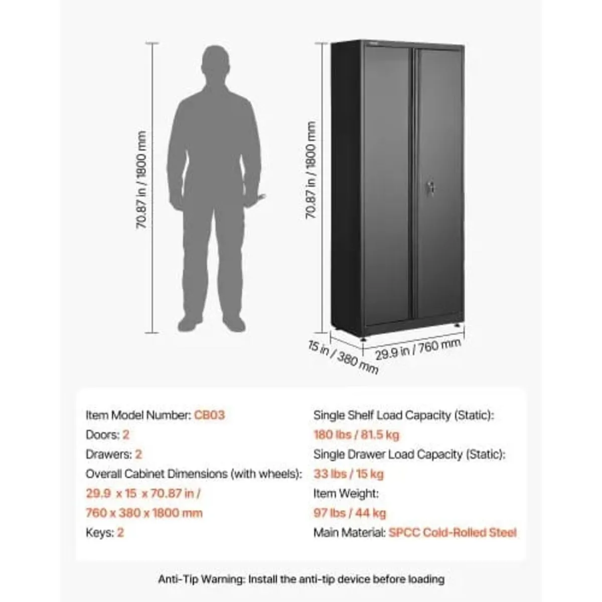 Metal Storage Cabinet, 81.5 kg Shelf Load Capacity - Image 2