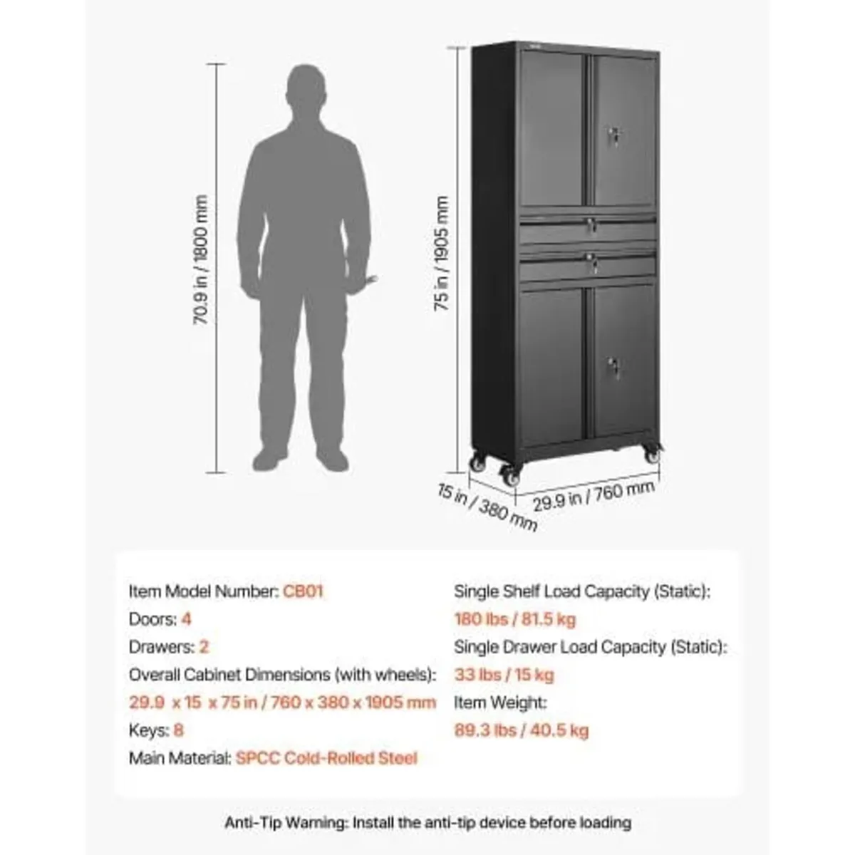 Metal Storage Cabinet with Wheels, 81.5 kg Shelf L - Image 2