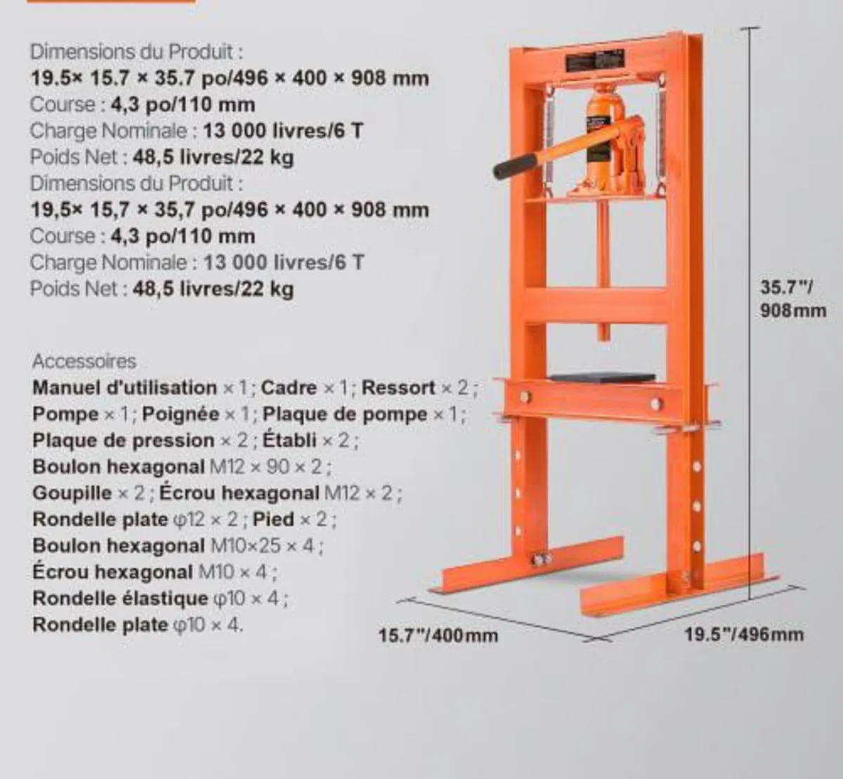 Hydraulic Shop Press 6 Ton with Press Plates H-Fra - Image 4