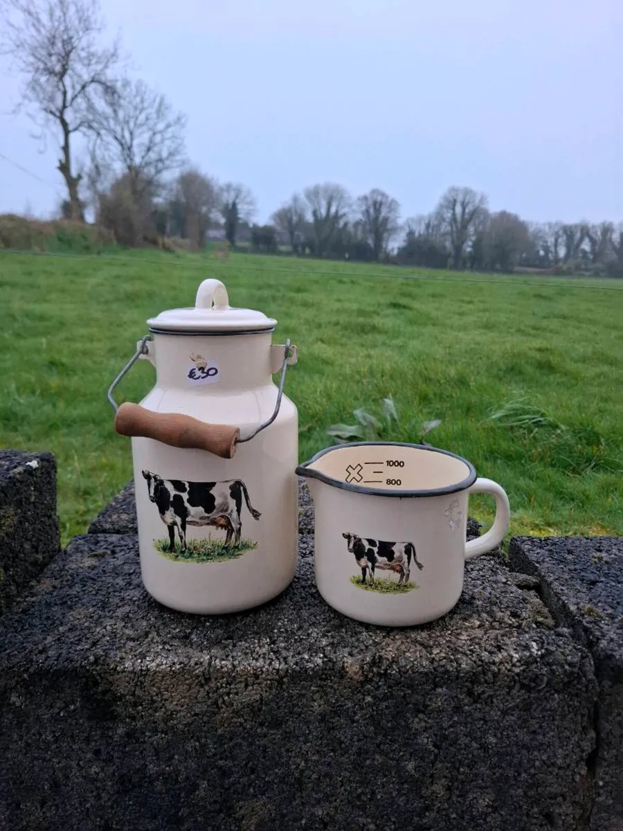 Cow enamel mesuring cup and churn postage possible - Image 1