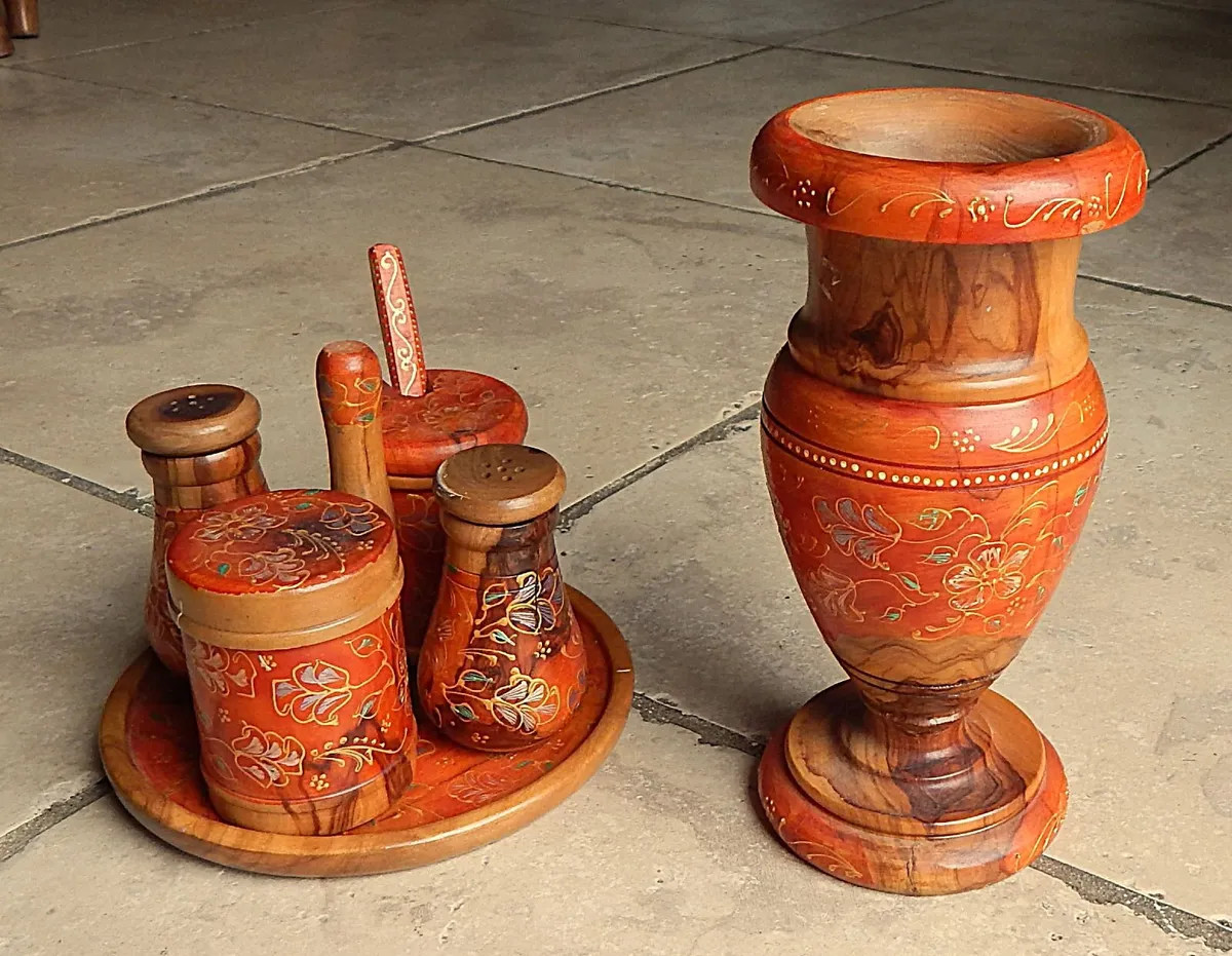 Hand Made, Hand Decorated Wooden Cruet Set & Vase - Image 1