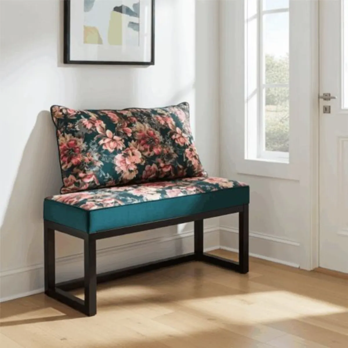 Coral Pink Floral Wooden Bench 100x40cm BlackFrame - Image 1