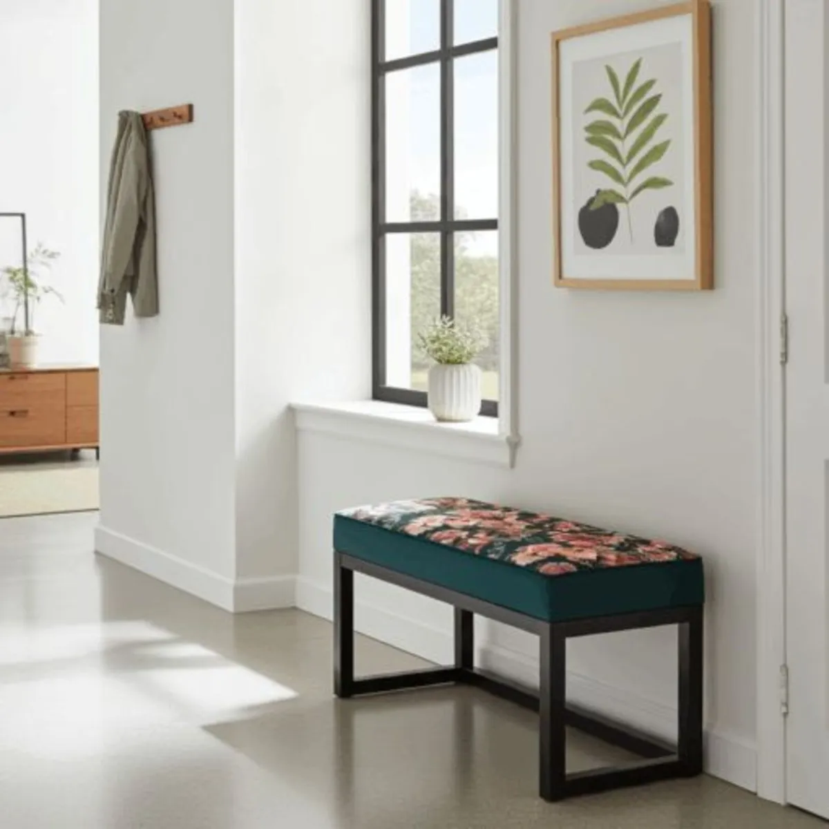 Coral Pink Floral Wooden Bench 100x40cm BlackFrame - Image 3