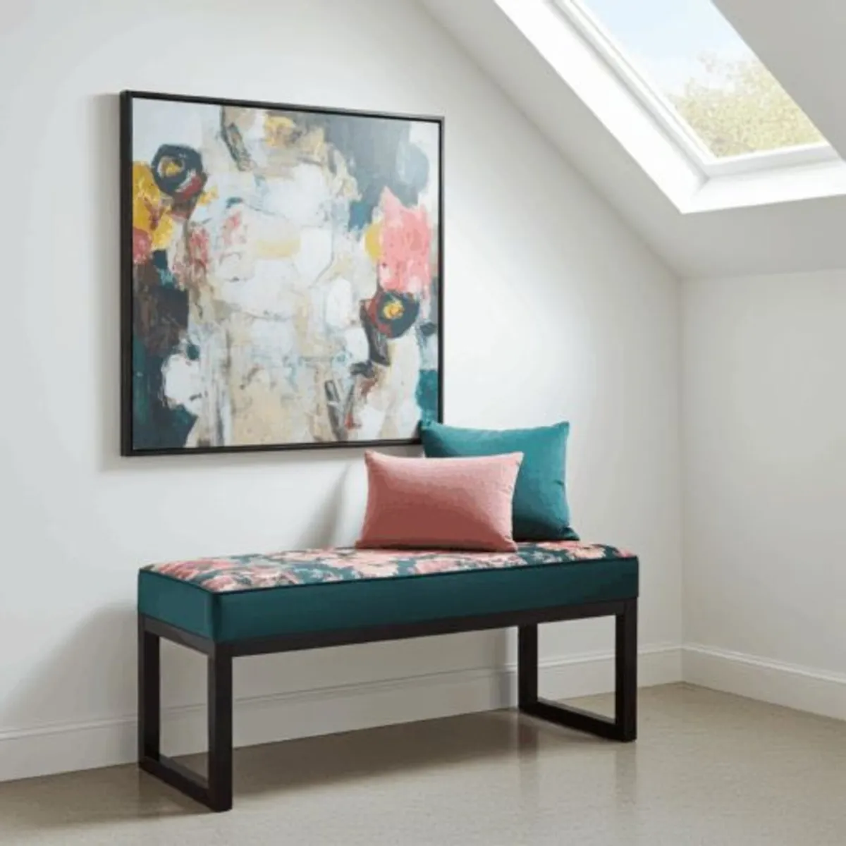 Coral Pink Floral Wooden Bench 100x40cm BlackFrame - Image 4